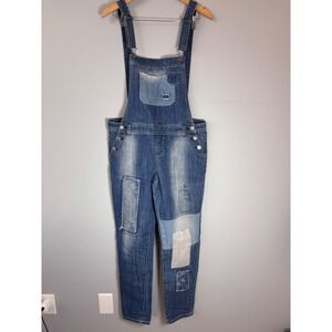 Rue21 Womens Patchwork Denim Overalls Medium Wash Floral Accents Slim Leg 9/10